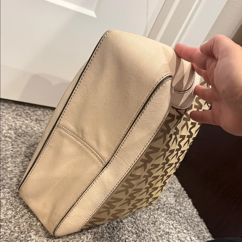 Michael Kors Brown Beige MK Logo Shoulder Bag slouchy tote purse handbag